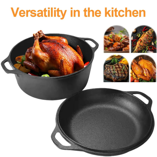 2 in 1 Cast Iron Dutch Oven with Skillet Lid Skillet Cookware Pan Set with Dual Handles for Bread Frying Baking