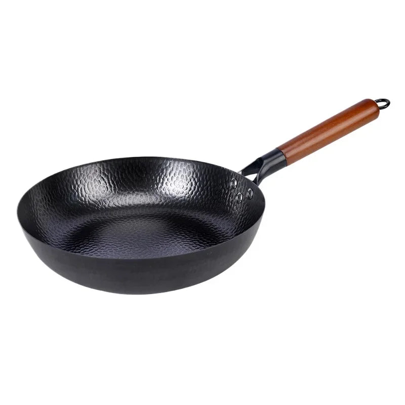 30cm Frying Pan Cast Iron Pan Uncoated Kitchen Cookware with Anti-scald Wooden Handle for Gas Stove Induction Cooker