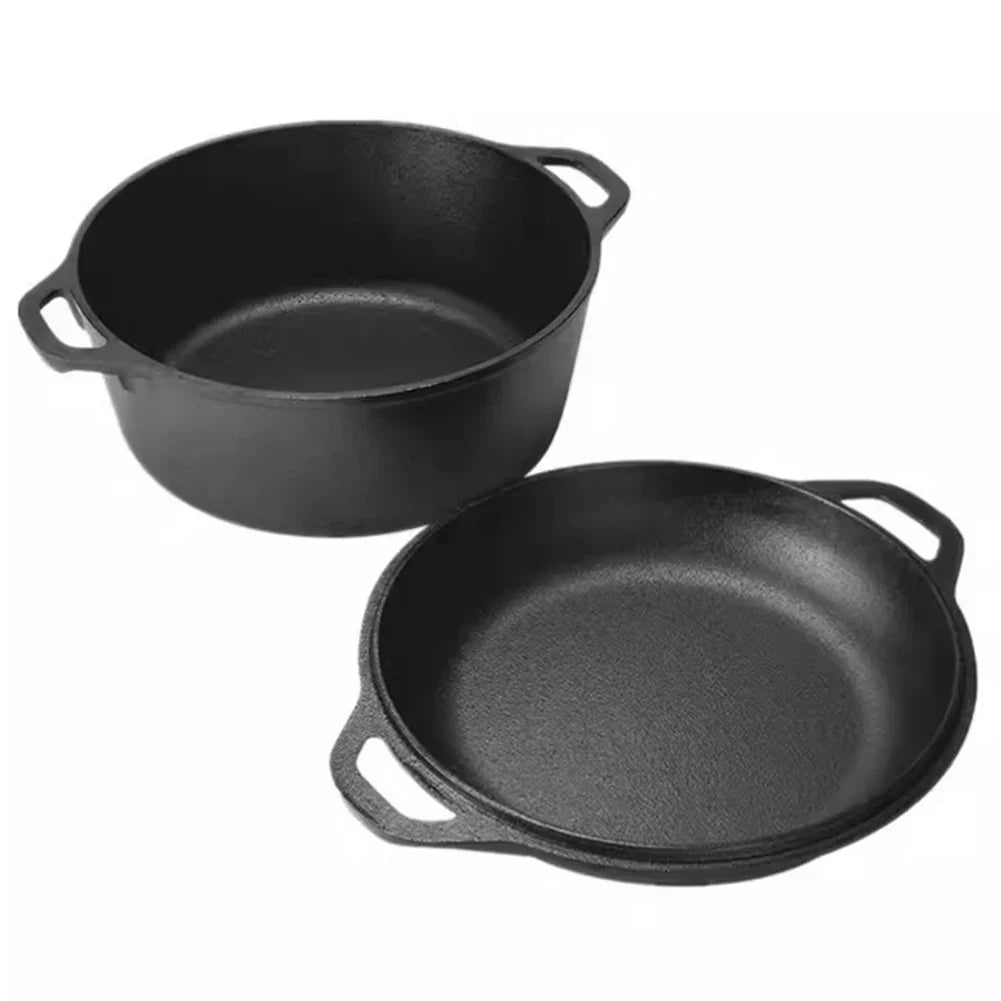 2 in 1 Cast Iron Dutch Oven with Skillet Lid Skillet Cookware Pan Set with Dual Handles for Bread Frying Baking