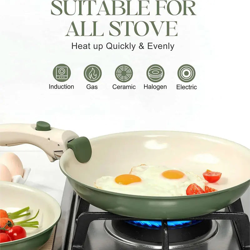 2/3Pcs Frying Pans Set Stackable Nonstick Egg Fry Pans with Removable Handle Non Stick Fried Steak Skillet Cooking Pot Cookware
