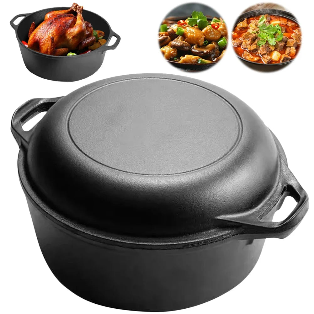 2 in 1 Cast Iron Dutch Oven with Skillet Lid Skillet Cookware Pan Set with Dual Handles for Bread Frying Baking