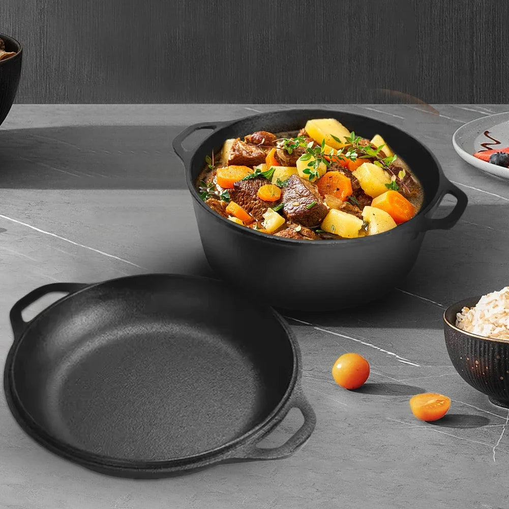 2 in 1 Cast Iron Dutch Oven with Skillet Lid Skillet Cookware Pan Set with Dual Handles for Bread Frying Baking